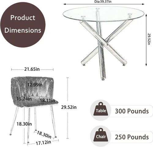 Miniatura 3 de Juego de mesa redonda dorada para 4, juego de mesa de comedor de 39'' con tapa de vidrio transparente, juego de mesa de cocina circular moderna de 5