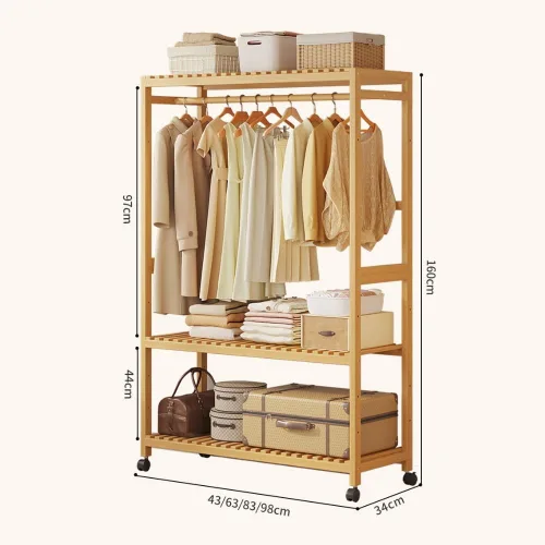 Miniatura 6 de Bamboo Wardrobe/Clothes Rail/Clothes Rack/Garment Rack,Free Standing Clothes Rail with Wheels,Open Wardrobe with Shelves,for Entryway Living Room