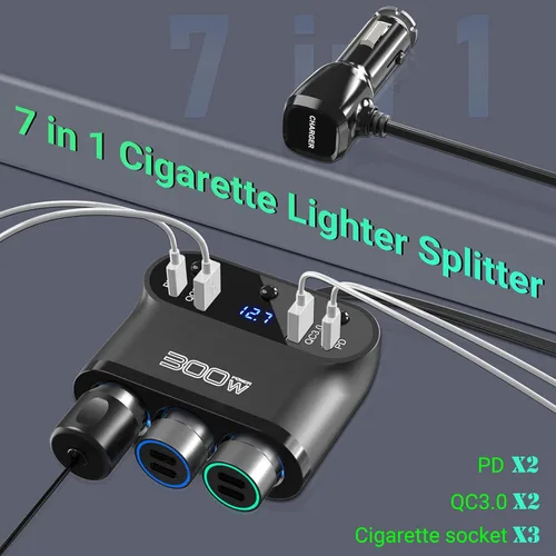 Miniatura 3 de Adaptador de encendedor de cigarrillos 7 en 1: Ouffun 300 W 3 sockets extensiones de cargador de coche divisor de 12 V con doble PD USB C 30W