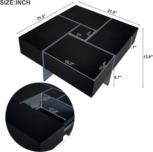 Miniatura 2 de LUMISOL Mesa auxiliar cuadrada de alto brillo con mesa deslizante extensible, mesa de cóctel con 4 compartimentos de almacenamiento ocultos, mesa