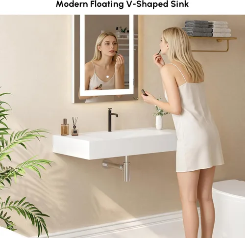 Miniatura 7 de Lavabo de Recipiente de 35'' Montaje en Pared Lavabo de Baño Lavabo Flotante en Forma de V Resina de Piedra en Blanco Mate En forma de V - Blanco