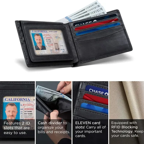 Miniatura 25 de SERMAN BRANDS Billetera de piel con 2 ventanas de identificación para hombre, con bloqueo RFID, doble tapa superior, billetera de viaje de capacidad