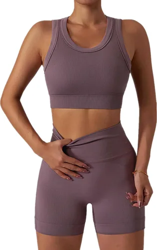 Miniatura 69 de Conjuntos de entrenamiento para mujer, 2 piezas, sin costuras, acanalada, sin mangas, brasier deportivo, cintura alta, pantalones cortos