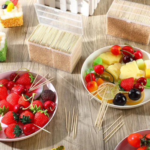 Miniatura 2 de Jerify 3000 palillos de madera de bambú, redondos, de doble cara, con caja de almacenamiento de plástico transparente para aperitivos, alimentos