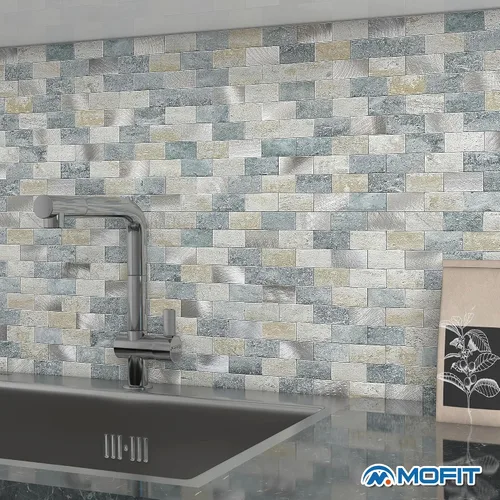 Miniatura 3 de Azulejos adhesivos de ladrillo para salpicaduras de cocina, azulejos impermeables para salpicaduras de baño (5 hojas, azul gris)