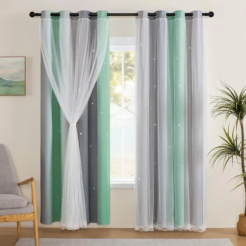 Miniatura 61 de XiDi Cortinas opacas con estrellas para habitaciones de niños, cortinas verdes para ventana de dormitorio de niños, azul y gris, 52 pulgadas de Azul