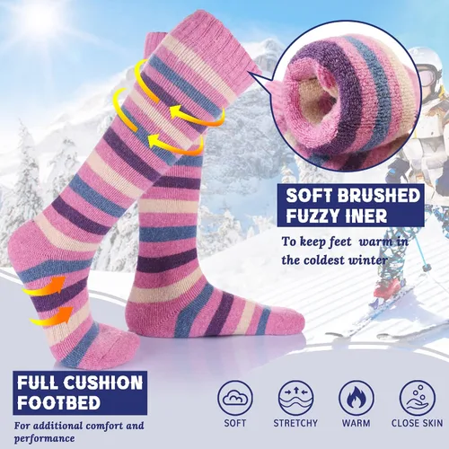 Miniatura 2 de Calcetines de esquí para niños de lana merina cálidos térmicos para senderismo snowboard hasta la rodilla calcetines para botas para niños y niñas 2