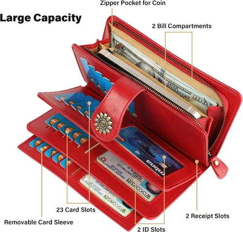 Miniatura 4 de Lavemi Carteras de cuero genuino de gran capacidad con bloqueo RFID para mujer, tarjetero con correa para la muñeca
