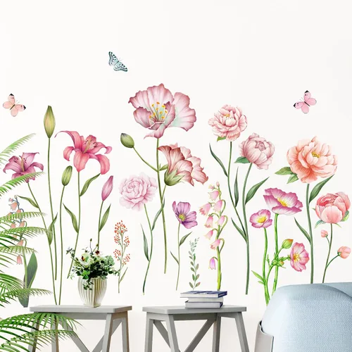 Miniatura 5 de Amaonm - Adhesivo de pared extraíble de flores frescas y mariposa voladora, libélula azul, rosa, lirio, amapola, peonía, floral, calcomanía de pared
