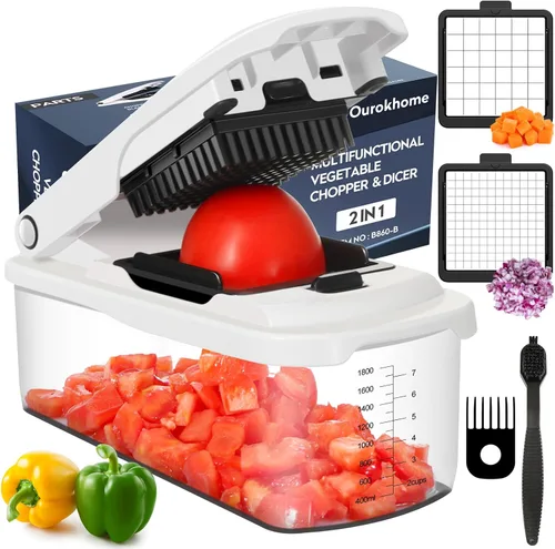 Ourokhome Cortador de verduras con recipiente, cortador manual de cebolla con 2 cuchillas de cortar para tiras de papa, cubos de verduras, palitos