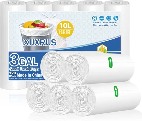 XUXRUS Bolsas de basura pequeñas para baño, bolsas de basura de 3 galones para oficina en casa, 120 unidades, color blanco, se adapta a contenedores