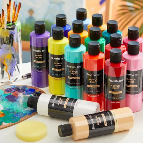Miniatura 8 de Juego de botellas de pintura acrílica de 18 colores Shuttle Art (250 ml/8.45 oz), suministros de pintura a granel pigmentados ricos para artistas