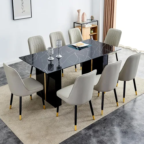 Miniatura 14 de Juego de mesa de comedor de vidrio de 71 pulgadas para 6, mesa de comedor para 6, mesa de vidrio templado con marco de MDF blanco y 6 sillas