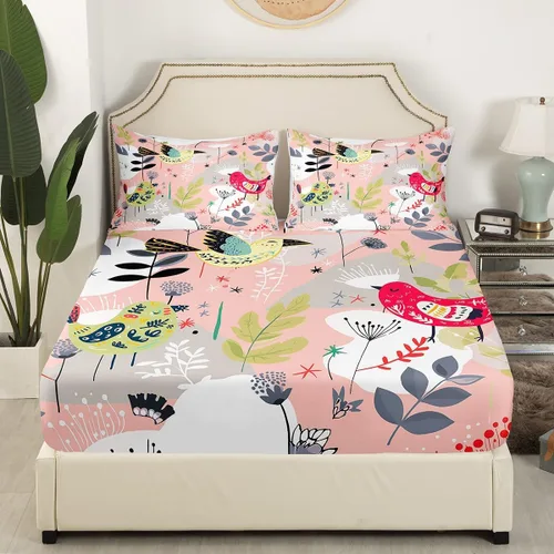 Miniatura 3 de Manfei Juego de sábanas de pájaros tamaño matrimonial, juego de ropa de cama floral de hojas botánicas para decoración de habitación de niños