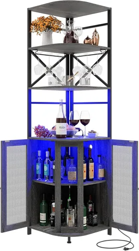 Miniatura 9 de Gabinete de bar de vino con toma de corriente, gabinete de vino industrial de 6 niveles con luz LED y soporte para vidrio, gabinete de barra de Gris