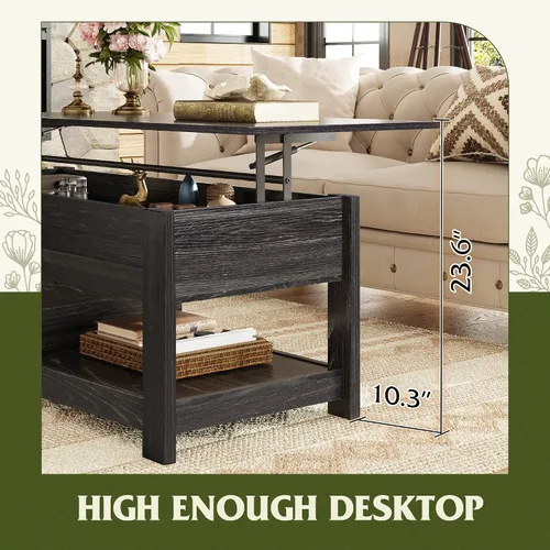 Miniatura 4 de WLIVE - Mesa de centro con parte superior elevable de 47", mesa de centro con compartimento oculto y 2 estantes de almacenamiento para sala de Roble