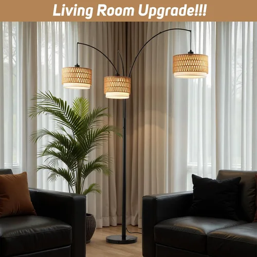 Miniatura 8 de Lámpara de pie de ratán para sala de estar, lámpara de pie boho de 80 pulgadas de altura con interruptor giratorio, lámpara de arco de 3 luces