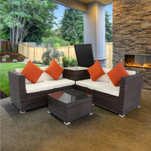 Miniatura 18 de Quarte Juego de muebles de patio de 4 piezas, sofá modular de mimbre de ratán PE para exteriores con acolchado y almohada, para porche, césped, Gris