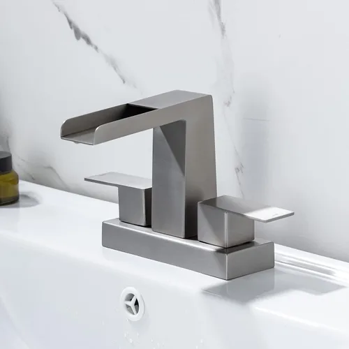 Miniatura 9 de Grifo de lavabo de lavabo de 4 pulgadas con cascada de 3 agujeros, grifo de lavabo moderno con desagüe desplegable de desbordamiento, níquel Níquel