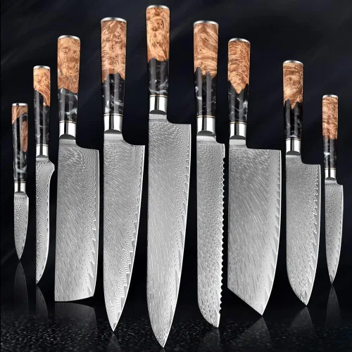 ZZYY - Juego de cuchillos de cocina de acero de damasco, 9 piezas, cuchillo de chef japonés, cuchillo de cocina para pelar, mango de madera