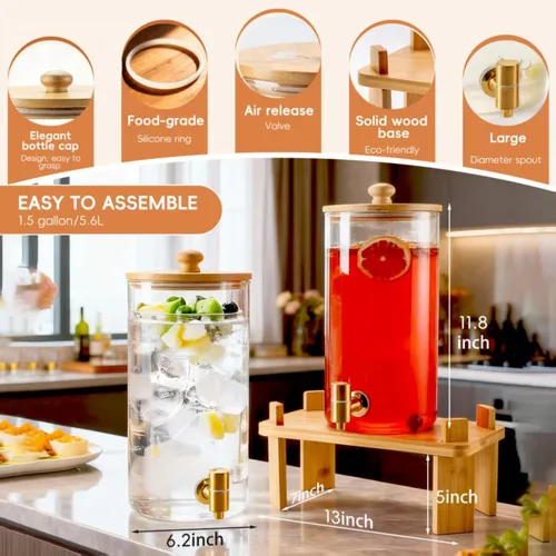Miniatura 4 de Paquete de 2 dispensadores de bebidas de vidrio de 1.5 galones para fiestas, dispensador de bebidas con soporte de madera, dispensadores de agua