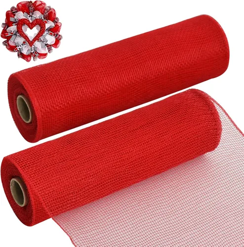 TONIFUL 2 rollos de cinta de malla decorativa roja de 10 pulgadas, malla de tela para suministros de corona de malla, corona de puerta delantera,