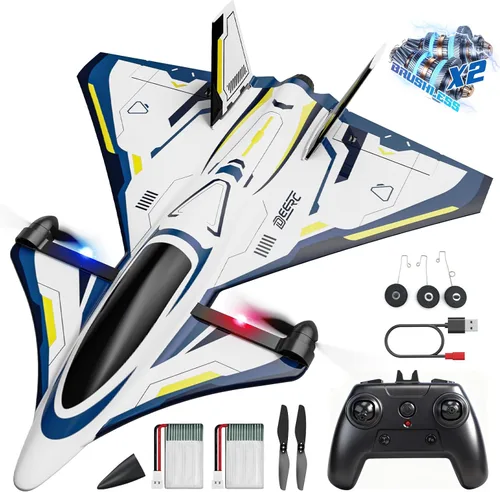 DEERC 4CH Avión RC sin escobillas, avión de control remoto de ciencia ficción con luces LED RTF, juguetes de aviones acrobáticos, estabilizador de