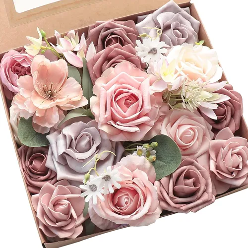 Miniatura 30 de Floroom - Flores artificiales de aspecto real en color lila, lavanda, púrpura y crema, rosas falsas, dalias y vegetación en conjunto de caja