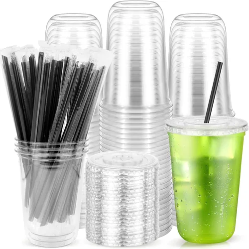 Miniatura 11 de Paquete de 100 vasos de plástico transparente con tapas planas y pajitas, tazas desechables de 12 onzas para café helado, vasos de plástico