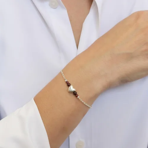 Miniatura 9 de 925 Sterling Silver Gemstone Bracelet - 3mm Gemstone Round Beads with Heart Silver Charm - 16-18cm Length - Gemstone Jewelry for Women - Perfect for