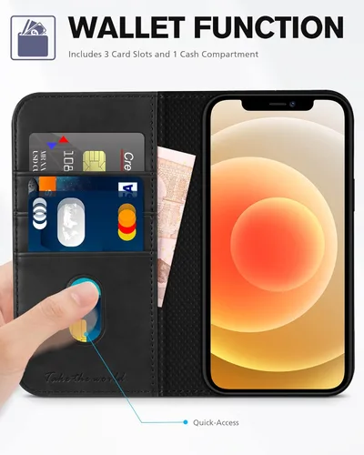 Miniatura 3 de TUCCH Funda tipo cartera para iPhone 12 Pro/iPhone 12 5G, piel sintética de alta calidad, con ranura para tarjetas, diseño de libro con soporte Negro