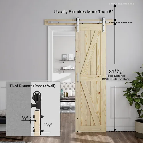 Miniatura 5 de SMARTSTANDARD Puerta corrediza de granero de 24 x 80 pulgadas con kit de herrajes y mango de níquel cepillado de 5 pies, se requiere un montaje