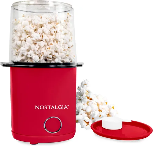 Nostalgia Máquina para hacer palomitas de maíz y tazón de 8 tazas, tazón y tapa 2 en 1, taza medidora de 2 onzas, maíz sin aceite para noches de Rojo