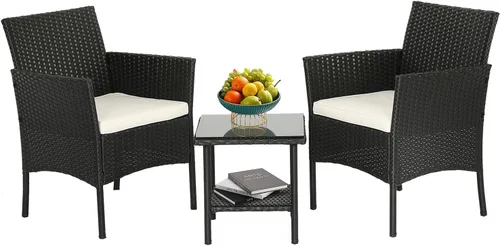 FDW Juego de 3 sillas de mimbre para exteriores, juego de 3 sillas de ratán para exteriores, juego de conversación con mesa auxiliar para patio,