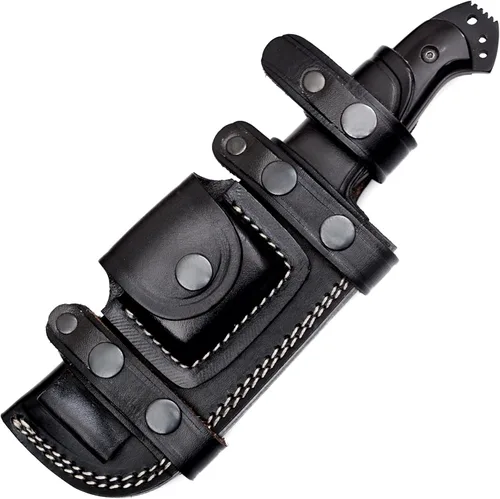 Ottoza Cuchillo de caza de hoja fija con funda de cuero y transporte horizontal, cuchillo de supervivencia y campamento al aire libre de espiga
