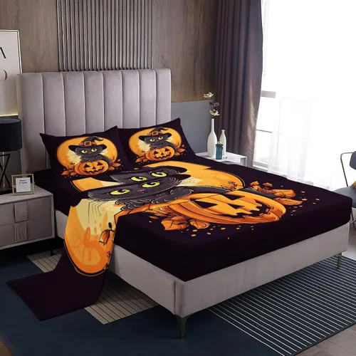 Miniatura 12 de Sábanas de Halloween tamaño individual – Juego de sábanas espeluznantes de calabaza murciélago para niños y niñas, juego de sábanas temáticas