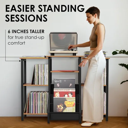 Miniatura 6 de Soporte para tocadiscos con almacenamiento de vinilo, armario giratorio alto de 36 pulgadas con almacenamiento, mesa moderna de tocadiscos