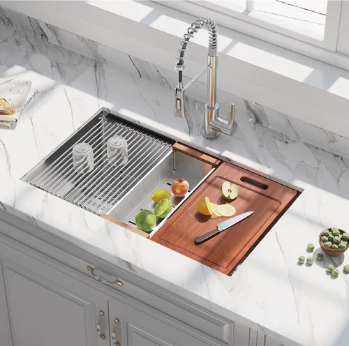 Miniatura 2 de Fregadero de cocina de acero inoxidable de 30 pulgadas, calibre 18, fregadero de cocina hecho a mano con borde integrado y accesorios (paquete de 5)