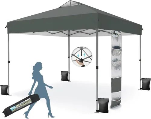 Miniatura 23 de MFSTUDIO Carpa Desplegable de 10x10 pies, Refugio Gazebo Sombra Solar Toldos Impermeables Patio Portátil Carpas con Malla Desplegables para Playa