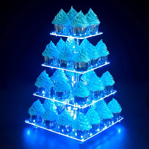 Miniatura 14 de Soporte para Cupcakes, Soporte Redondo para Cupcakes de 4 Niveles con Tira de Luces LED, Torre de Exhibición de Cupcakes de Acrílico para Bodas, Azul