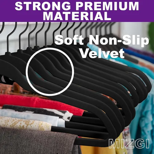 Miniatura 2 de MIZGI Paquete de 30 Perchas de Terciopelo Totalmente Negras, Fieltro Flocado Premium Antideslizante para Ropa, Perchas Negras Resistentes