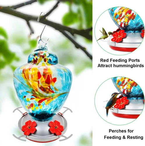 Miniatura 2 de REZIPO Comedero para colibríes con percha - Vidrio soplado a mano - Azul - Capacidad de néctar para colibríes de 38 onzas líquidas - Incluye cables