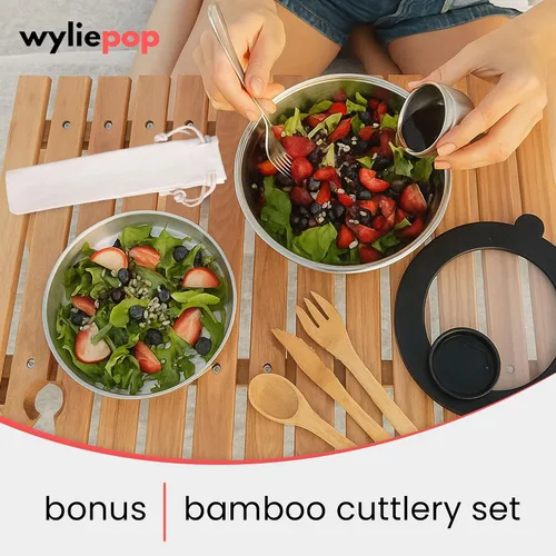 Miniatura 3 de Kit de Ensaladera de Acero Inoxidable de 64 oz y Juego de Cubiertos de Bambú de 3 Piezas con 2 Recipientes para Condimentos, Bandeja Insertable