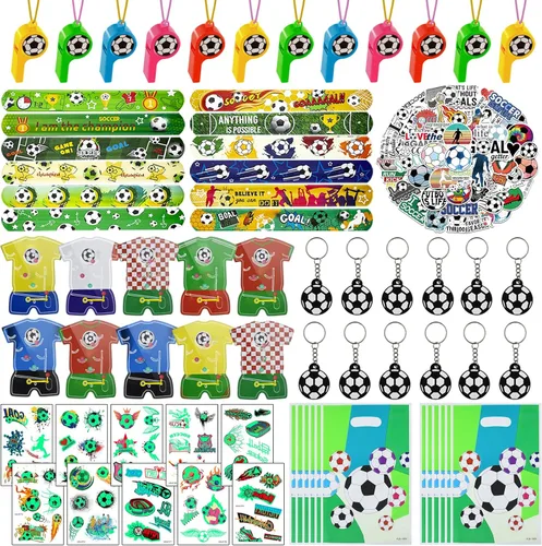 Juego de 122 piezas de recuerdos de fiesta de fútbol con bolsas de golosinas, pulseras de palmada, calcomanías de tatuaje, juguetes de rompecabezas,