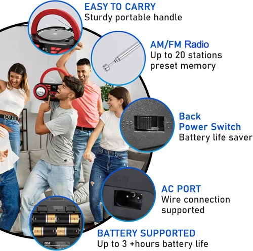Miniatura 3 de Pyle Reproductor de CD portátil Bluetooth Boombox altavoz - Radio estéreo AM/FM y sonido de audio, compatible con CD-R-RW/MP3/WMA, USB, AUX