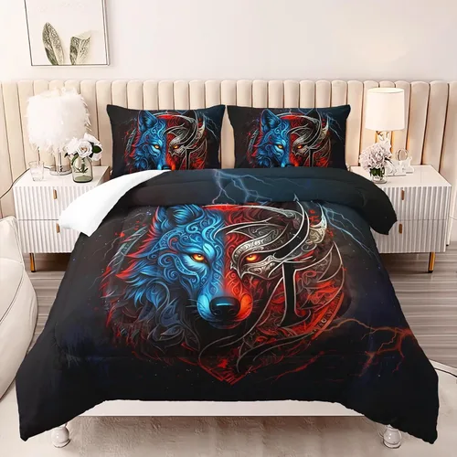 Miniatura 2 de AILONEN Juego de edredón con cabeza de lobo impresa tamaño individual, juego de ropa de cama de lobo para la noche para niños y hombres, juego