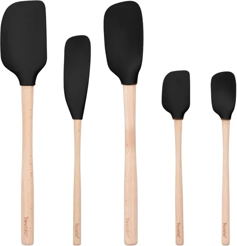 Miniatura 7 de Tovolo Juego de 5 espátulas de silicona con mango de madera, juego de utensilios de cocina de silicona, espátula, raspador, mini espátula y cuchara