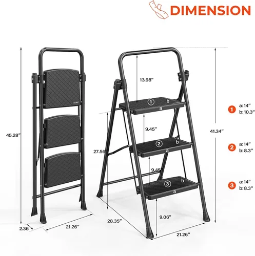 Miniatura 7 de LUISLADDERS Escalera de 3 escalones con barandillas, taburete plegable con pedal antideslizante ampliado, escalera ligera de 500 libras, plegable