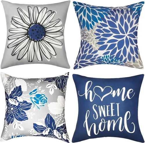 Miniatura 21 de Fundas de Cojines Decorativos de 22x22 pulgadas Juego de 4 Fundas de Cojines Azules para Sofá Cama Sala de Estar, Funda de Cojín Decorativo