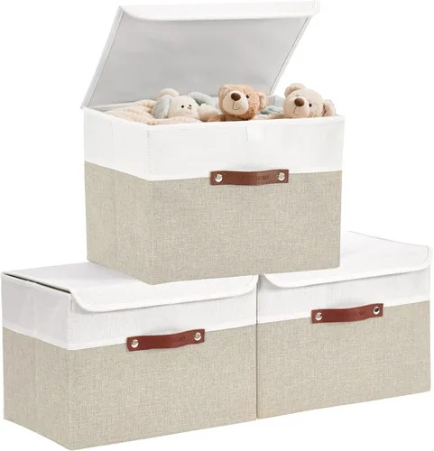 DECOMOMO - Cubos plegables de almacenamiento con tapas, canastas resistentes de tela catiónica, cubos con asas, para organización de estantes, Beige